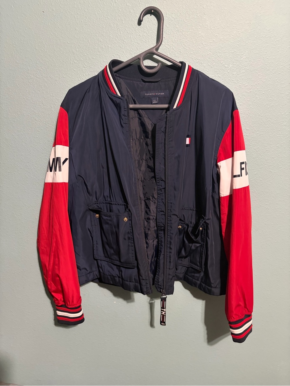 Tommy Hilfiger Womens L Colorblock Bomber Jacket Navy Red White Light Padded Co